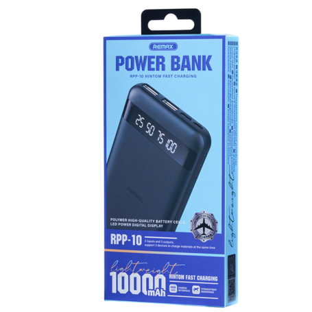 REMAX Hintom Series RPP-10 Power Bank 10000mAh – Fast Charging 2.4A – Charges up to 3 Devices – 2 USB Ports & 1 Type-C Port – Black