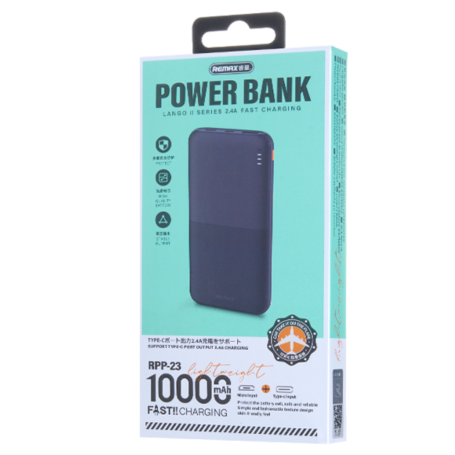 REMAX Lango II Series RPP-23 Power Bank 10000mAh – Fast Charging 2.4A – 1 USB & Type-C Port – Black
